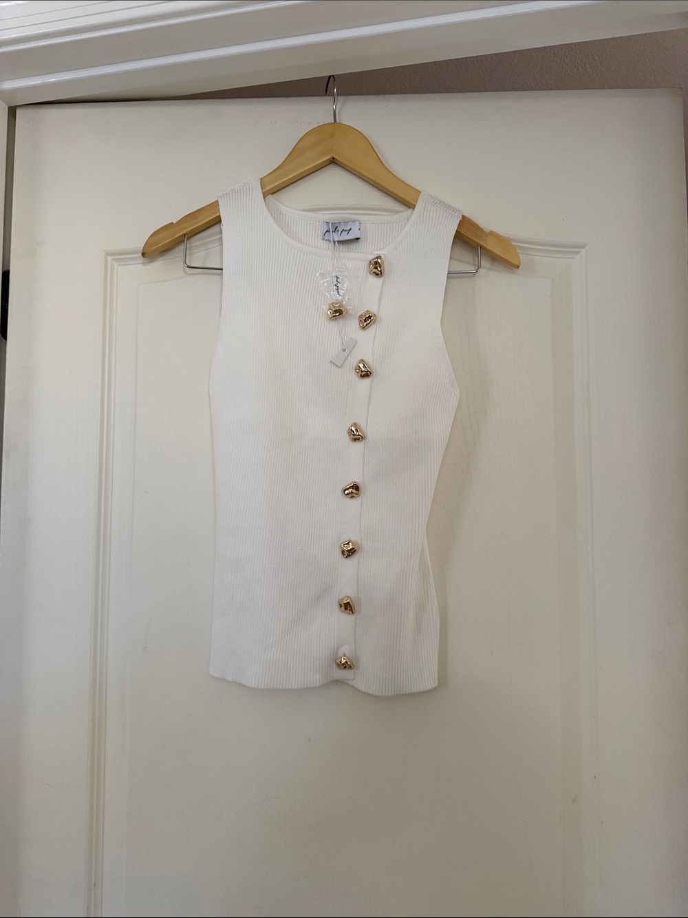 NEW Petal & Pup White Ribbed Knit Vest Tank Gold Button Top